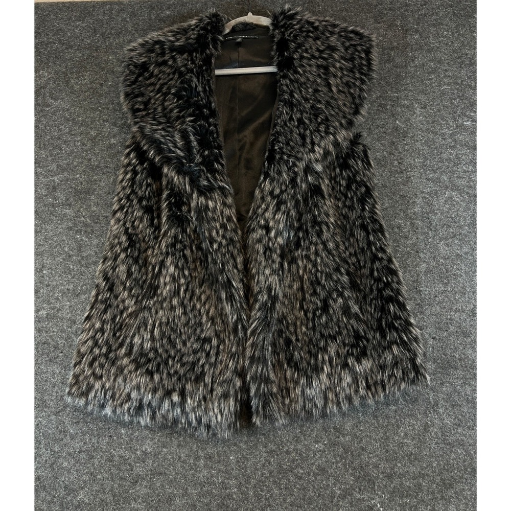 White House Black Market Faux Fur Vest Women Medium Black Open Front Winter Cozy